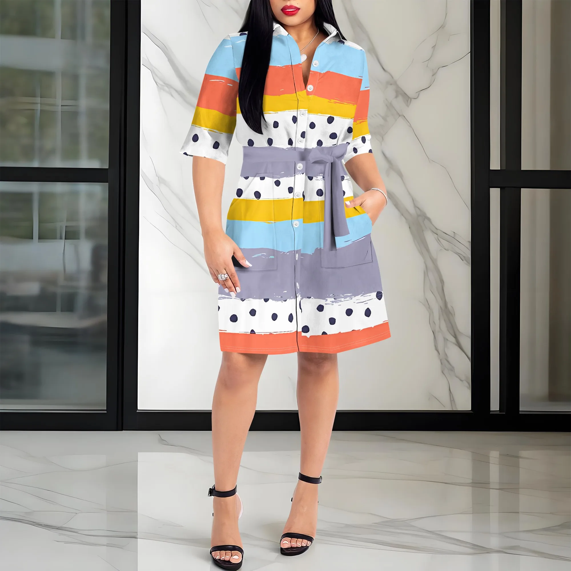 

Nupusa Striped & Polka Dot Print Dress for Women Standard Size Summer Casual Shirt Neck Half Sleeve Dress