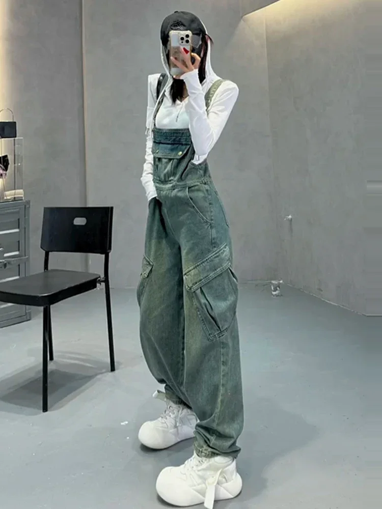 Womens Blue Vintage Suspender Jeans Fashion Pocket Baggy Straight Pants Streetwear Casual Wide Leg Denim Trouser Ladies Autumn