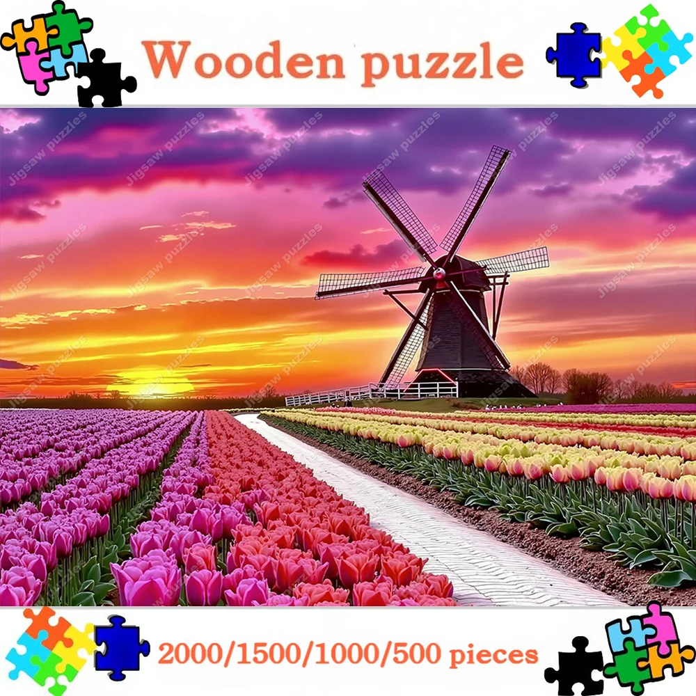 

2000/1500/1000/500pcs Large Adult Puzzle - Dutch Windmill and Tulip Garden, 5D/4D/3D/2D Challenge, Educational Puzzle from 500