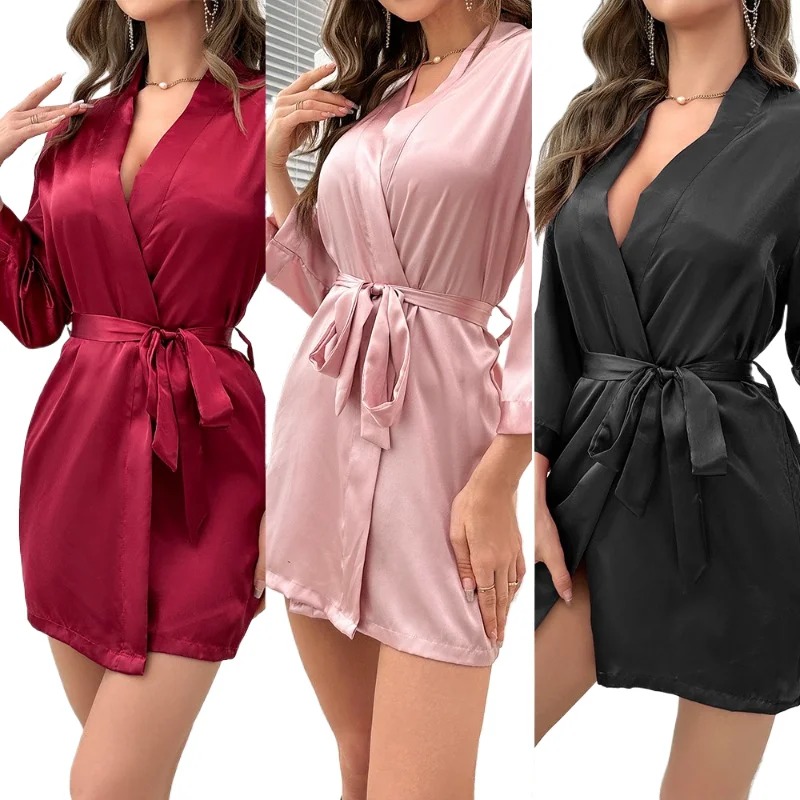 

Fashion Solid Color Mid Sleeved Women's Nightgown Luxury Summer Short Lace Up Bathrobe Silk-like Thin and Sexy Pajamas Home Wear