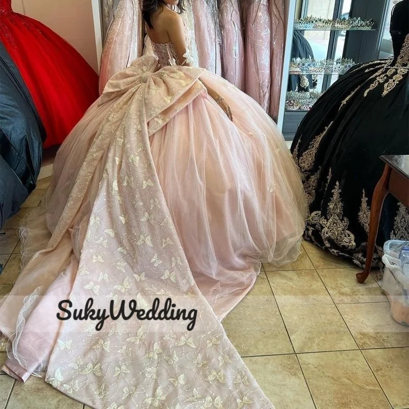 Vestido De princesa rosa para quinceañera, corsé con apliques De mariposa, lazo grande, cristal dulce 16, fiesta De graduación, 15 Años