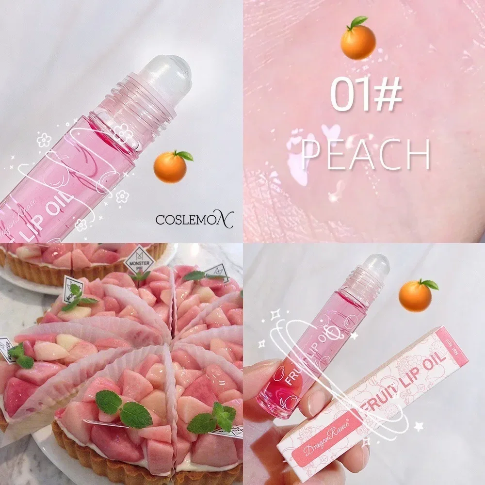 Peach Strawberry Fruit Roll-on Lip Oil Primer Moisturizing Clear Natural Long Lasting Hydrating Lipstick Transparent Lip Balm