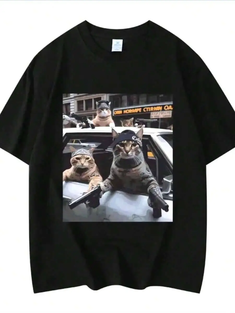Funny Cat Gang Meme Graphic T Shirts Men's Women's Fashion Vintage Short Sleeve T-Shirt High Quality Oversized T-Shirts 100%