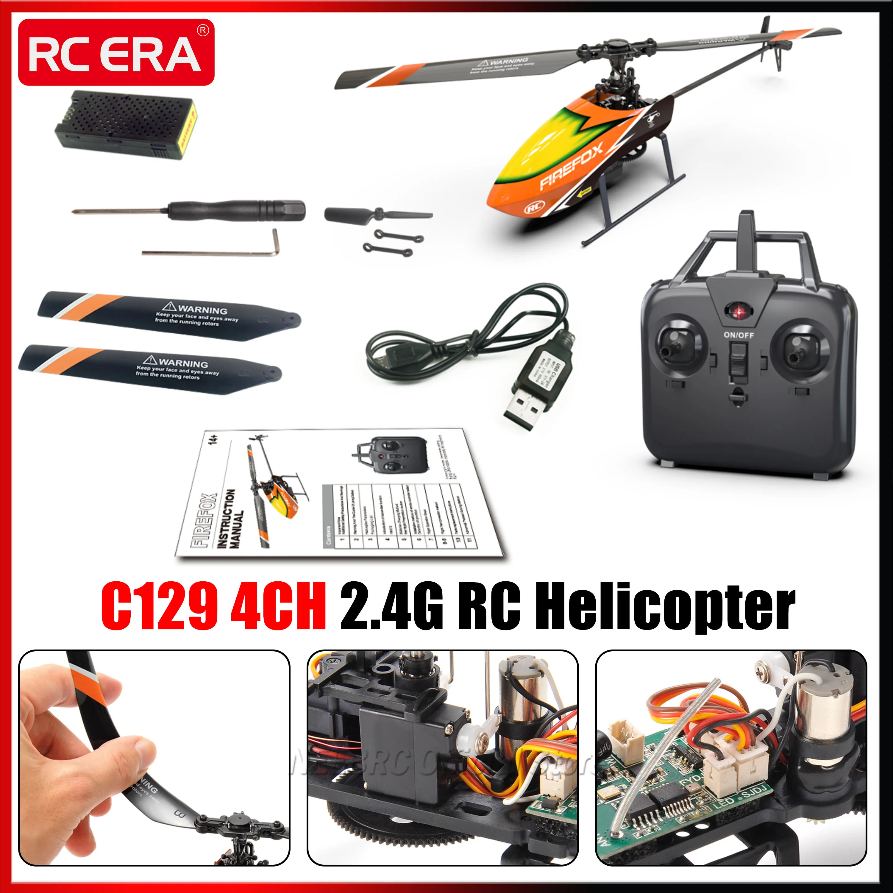 C129 4CH 2.4G RC Helicopter RTF 6-axis Gyroscope One-key Take-off/landing 6G Mode 3.7V Battery Transmitter Coreless Motor Part