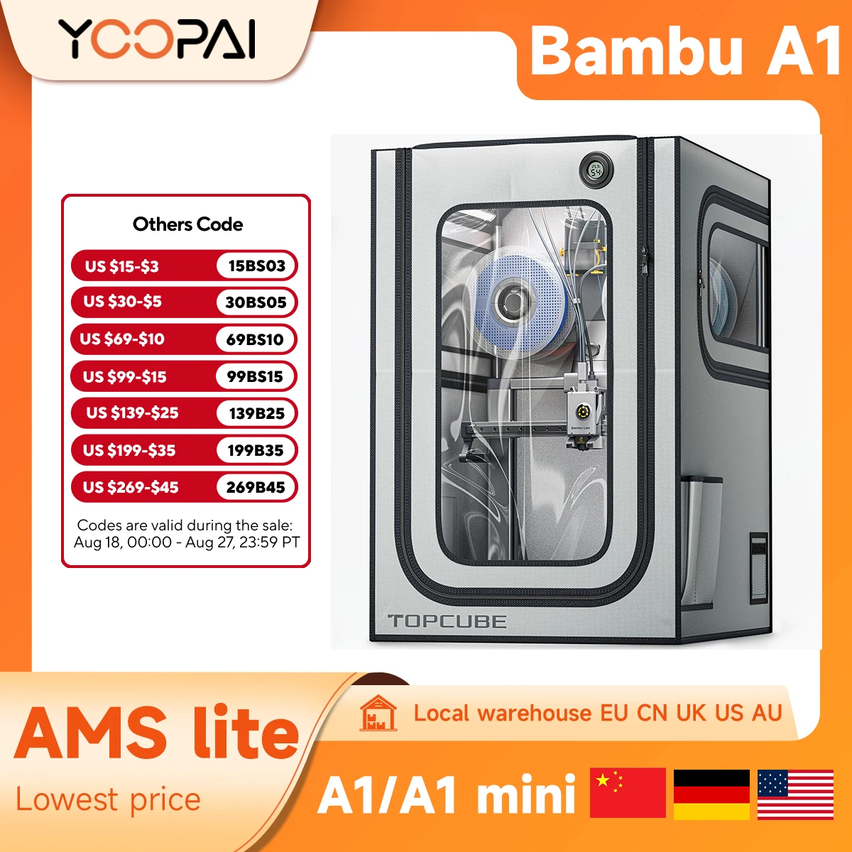 YOOPAI 3D Printer Enclosure For Bambu Lab A1/A1 Mini Combo AMS Lite Top Mounting LED Light Fireproof Dustproof Noise Reduction