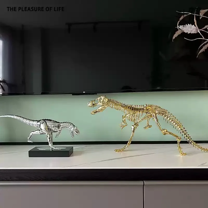 Electroplated Metal Dinosaur Skeleton Decoration Modern Light‑Luxury Figurine for Living Room Study Bookcase TV Cabinet Display