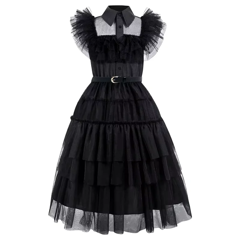 Girls Black Gothic Tulle Dress Ruffled Tiered Dress With Belt Children Halloween Prom Ball Gown Student Cosplay Carnival Costume