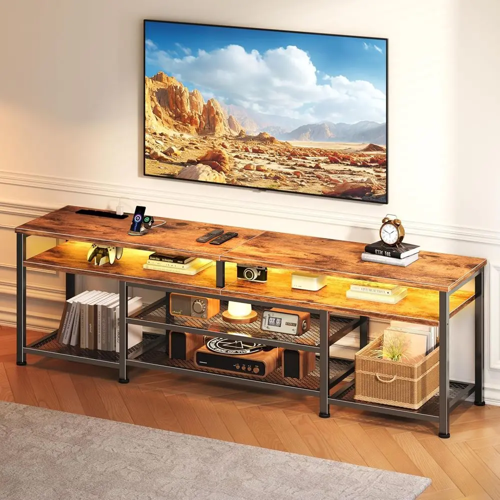 

71 Inch TV Stand with Power Outlets and LED Lights, Entertainment Center for 65 75 80 Inch TV, Media Console Table with Open She