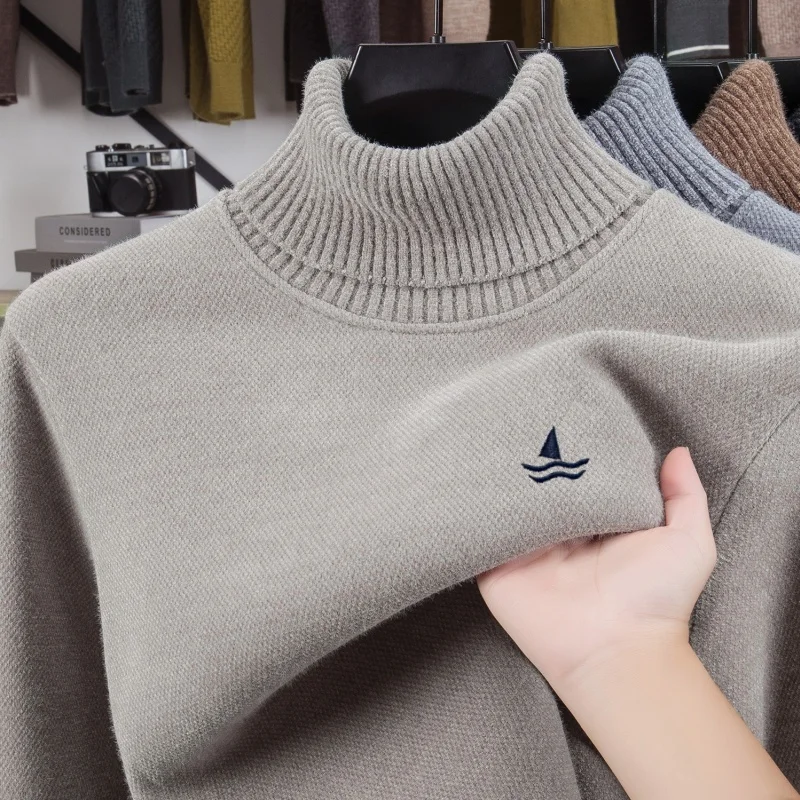 Advanced trend knitted high neck sweater men's luxury brand soft comfort plush warmth new sailboat embroidery casual pullover