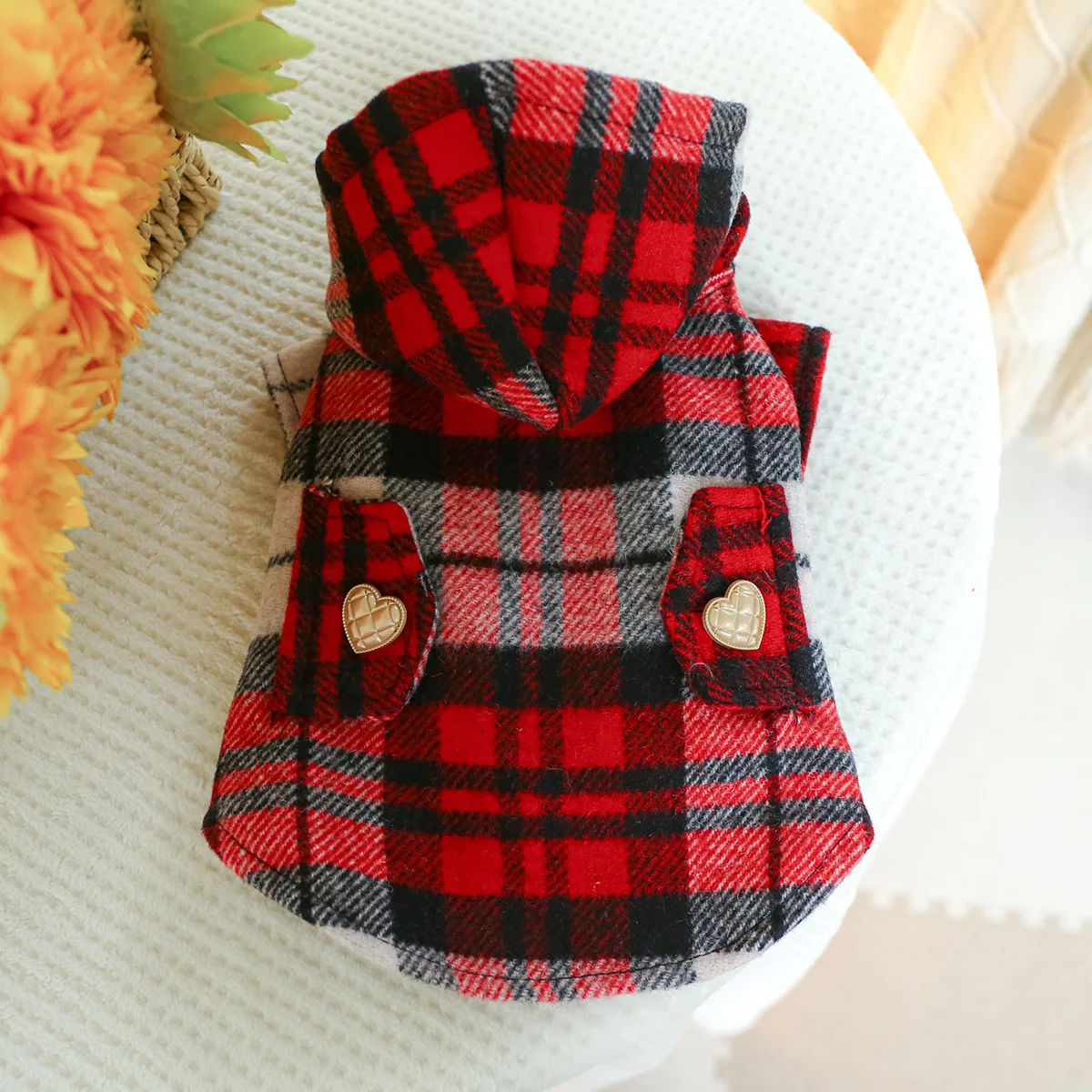 Pet Christmas Plaid Hooded Coat Cat Clothing Autumn and Winter Warm Red Plaid Windbreaker Dog Clothes for Small Dogs Puppy