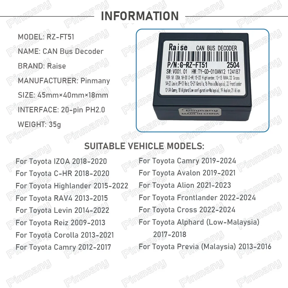 Car CAN Bus Decoder RAISE RZ-FT51 for Toyota IZOA C-HR RAV4 Levin