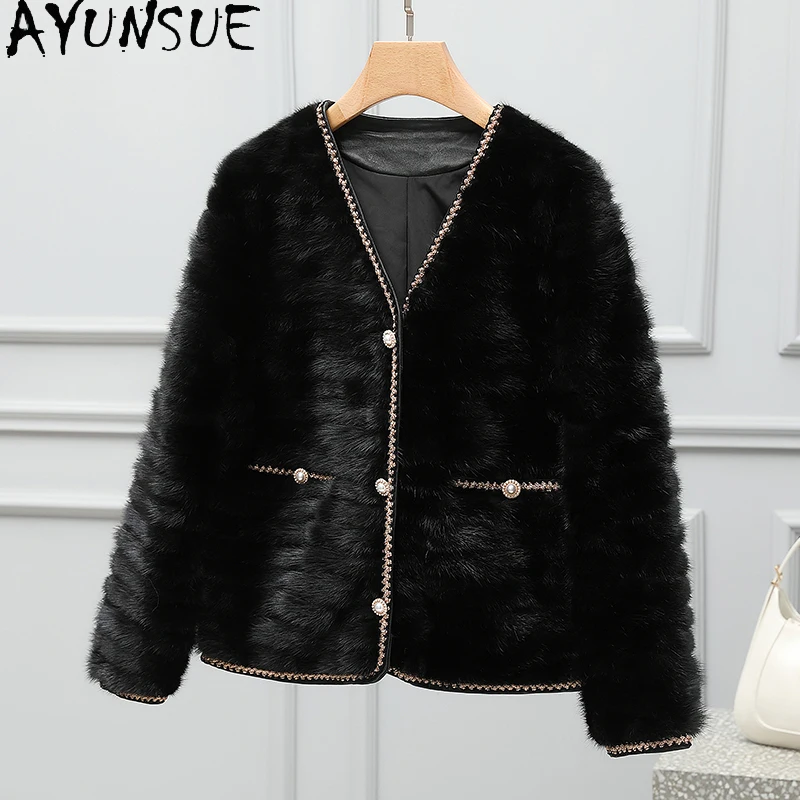 

AYUNSUE Natural Mink Fur Jacket Woman 2025 Autumn Winter V-Neck Patchwork Real Fur Jackets for Woman Clothing New Шуба Женская