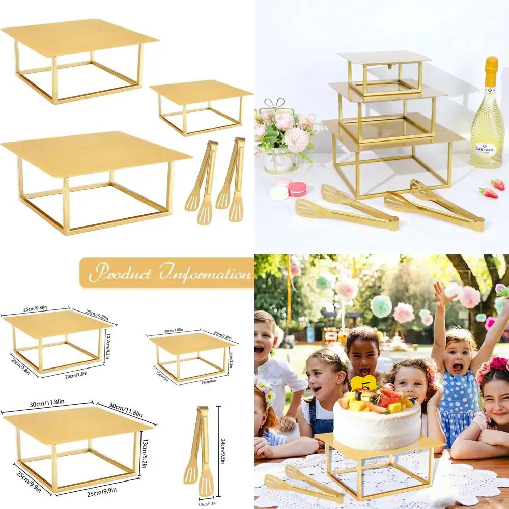 

Elegant Square Gold Cake Stand Set - 3-Piece, 8, 10, 12 for Wedding and Birthday Celebrations