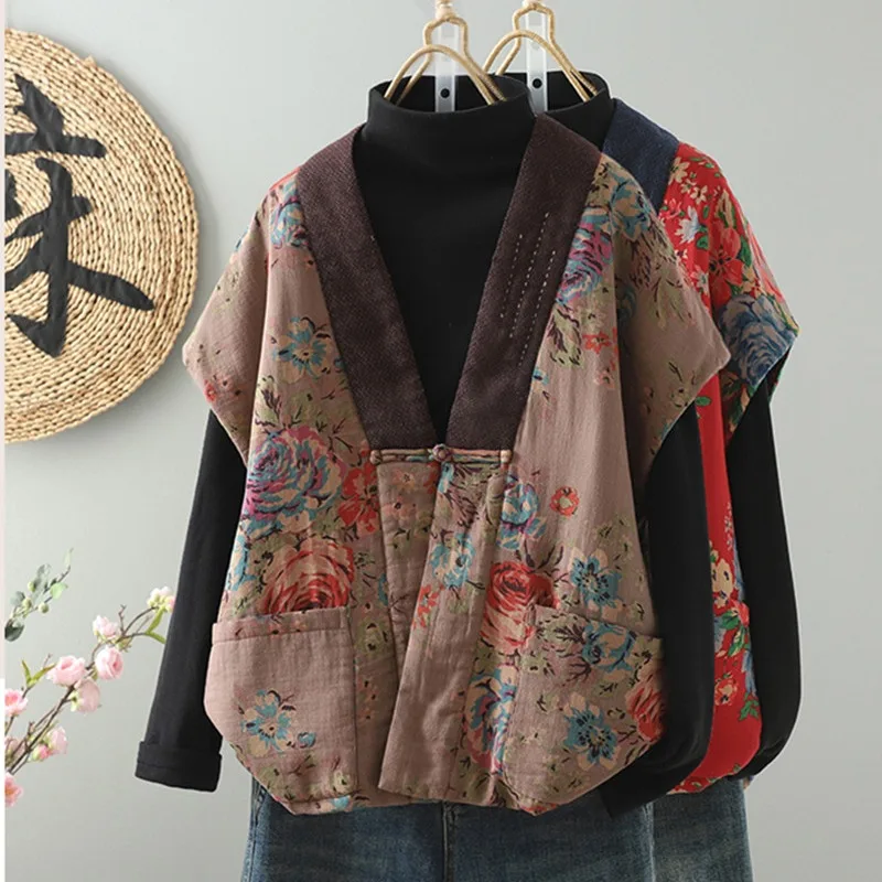 เสื้อกั๊กผ้าฝ้ายสไตล์จีนย้อนยุค ป้องกันริ้วรอย ระดับไฮเอนด์ สำหรับฤดูหนาว ลายพิมพ์ อบอุ่น ทรงหลวม พร้อมแผ่นรองไหล่