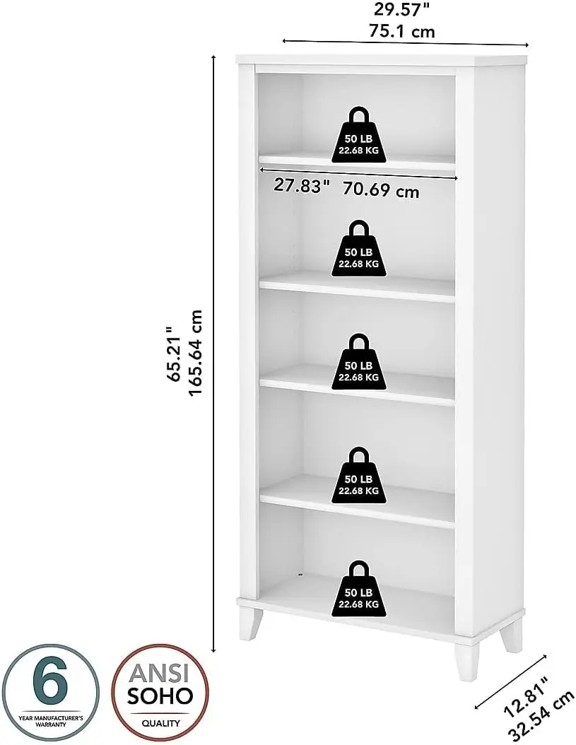 Bush WC81965 Somerset 5-Shelf 65-Inch H Bookcase, White