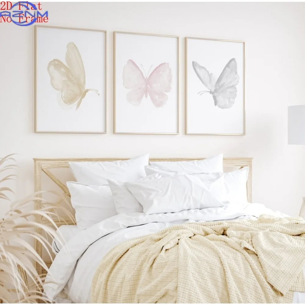 3pcs(Canvas Poster Unframes)Butterfly Art Print Set: Blush Pink, Beige, Gray Nursery Decor, 2D Flat