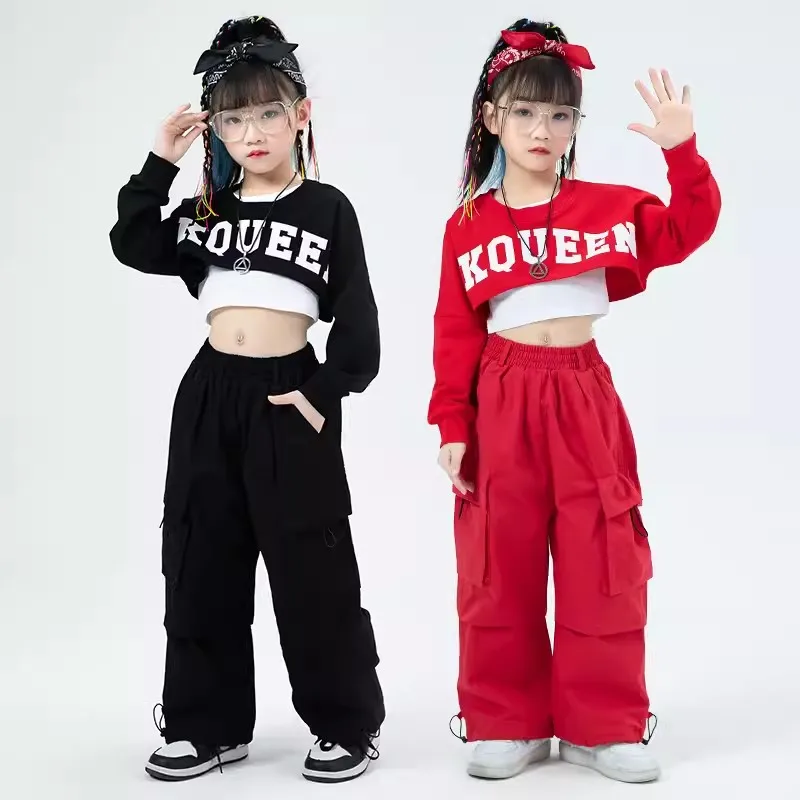 K-pop-Vêtements de danse jazz pour filles, manches longues, pantalon cargo rouge noir, costume hip hop pour enfants, vêtements de performance, BL11458