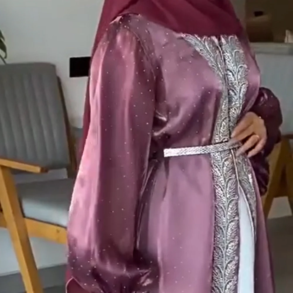 

New Muslim Sets for Women Maxi Dress Kimono Jalabiya 2 Piece Dubai Abaya Kaftan Turkey Satin Diamonds Evening Gown Kebaya Abayas