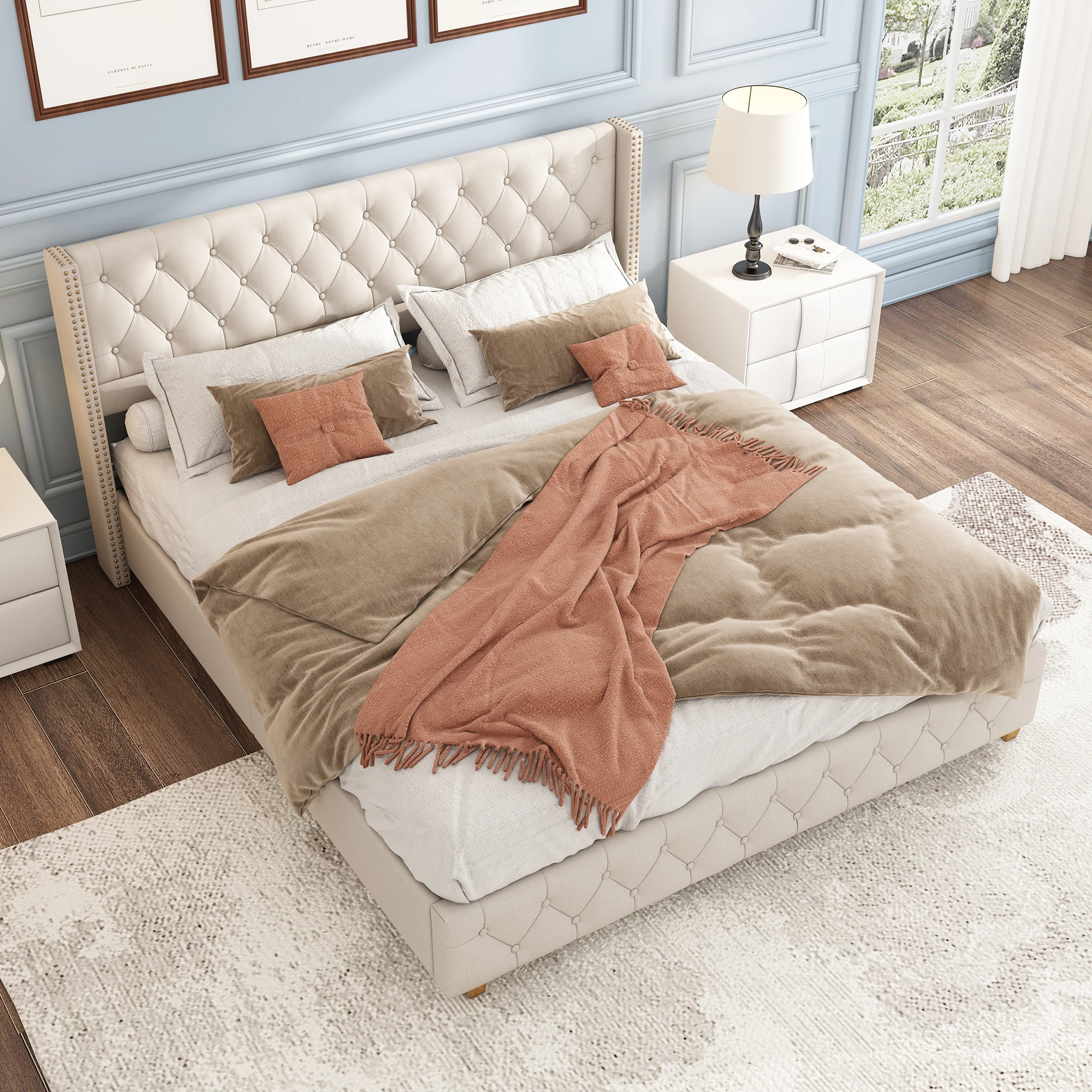 Lit double 160x200 cm - lit double rembourré avec tête Bouton Née et sommier 12 lattes - lin - sans matelas - beige