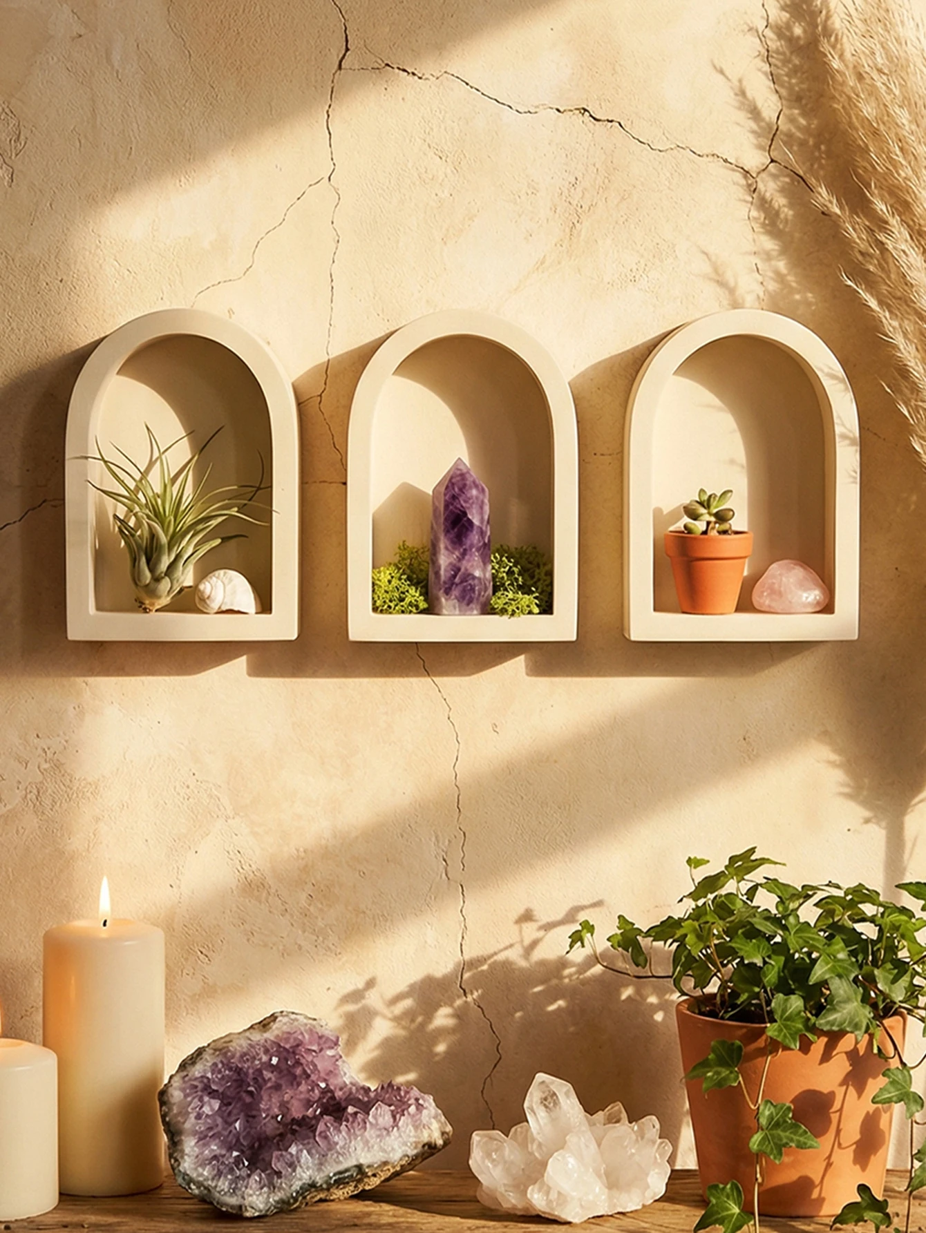 Arched Wall Shelf Floating Display Rack for Crystals, Succulents & Candles Wall Niche Organizer for Bedroom Living Room Entryway