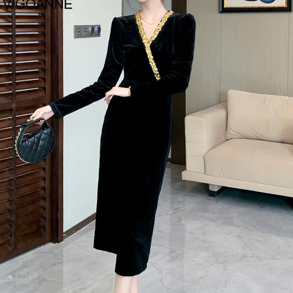 VigoAnne 2025 Spring Autumn Woman Solid Slim Velvet Dress Long Sleeve Korean Dresses Lady V Neck Evening Party Tight Long Dress