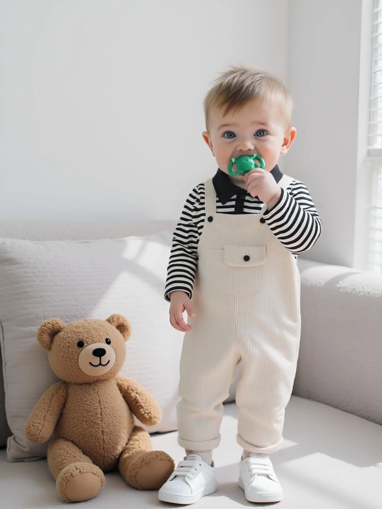 2-piece set of striped long-sleeved polo shirt and corduroy adjustable length overalls for baby boys, spring and autumn