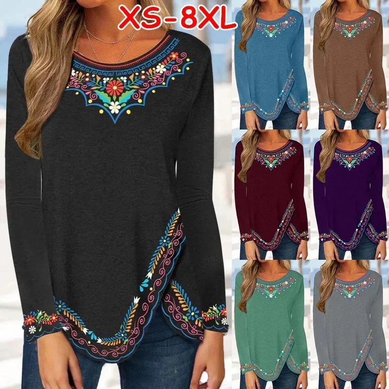 

2022 Women Autumn And Winter Round Neck Retro Ethnic Style Floral Long-Sleeved Top Soft Bottoming Shirt Bohemian T-Shirt