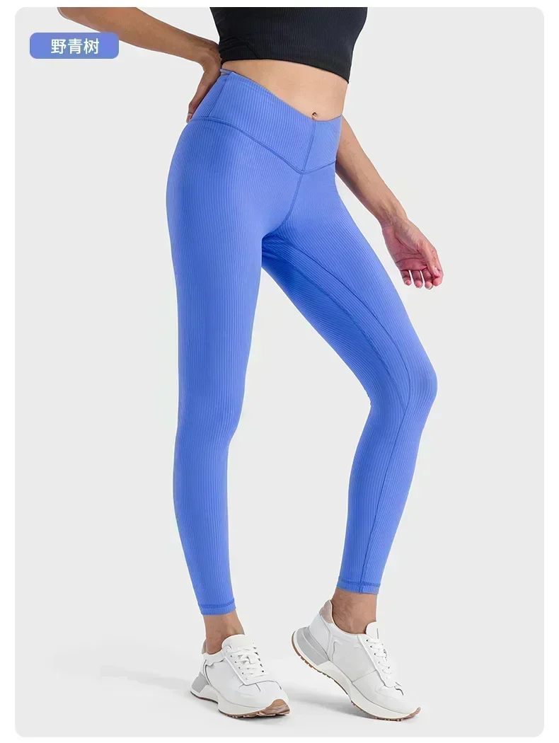 Pantaloni da Yoga a vita alta a costine al limone da donna che corrono leggings sportivi per il Fitness Pilates pantaloni sportivi per l'anca con sollevamento elastico