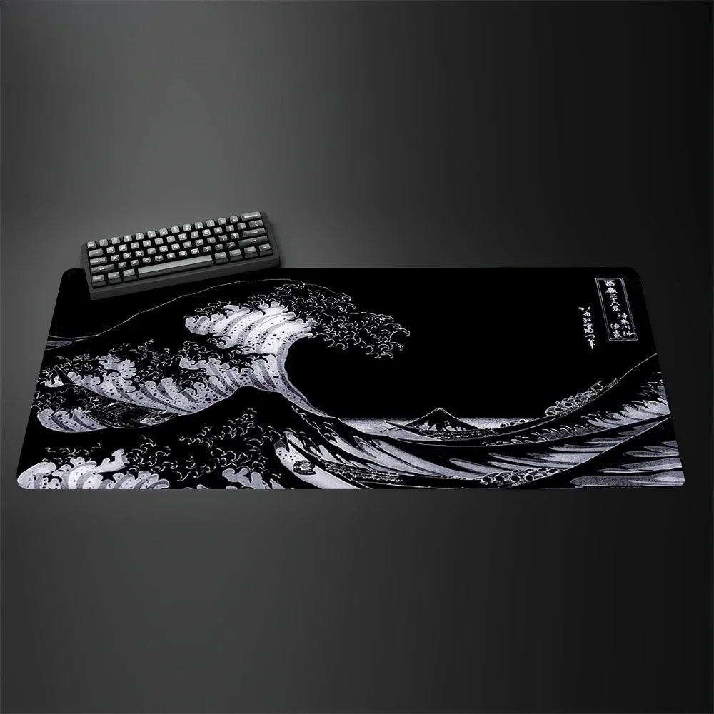 XXL 90x45cm PU Leather Mouse PadBlack and White Giant Wave Keyboard Game Anime Non-slip Leather Art Computer Desk Mat Carpet