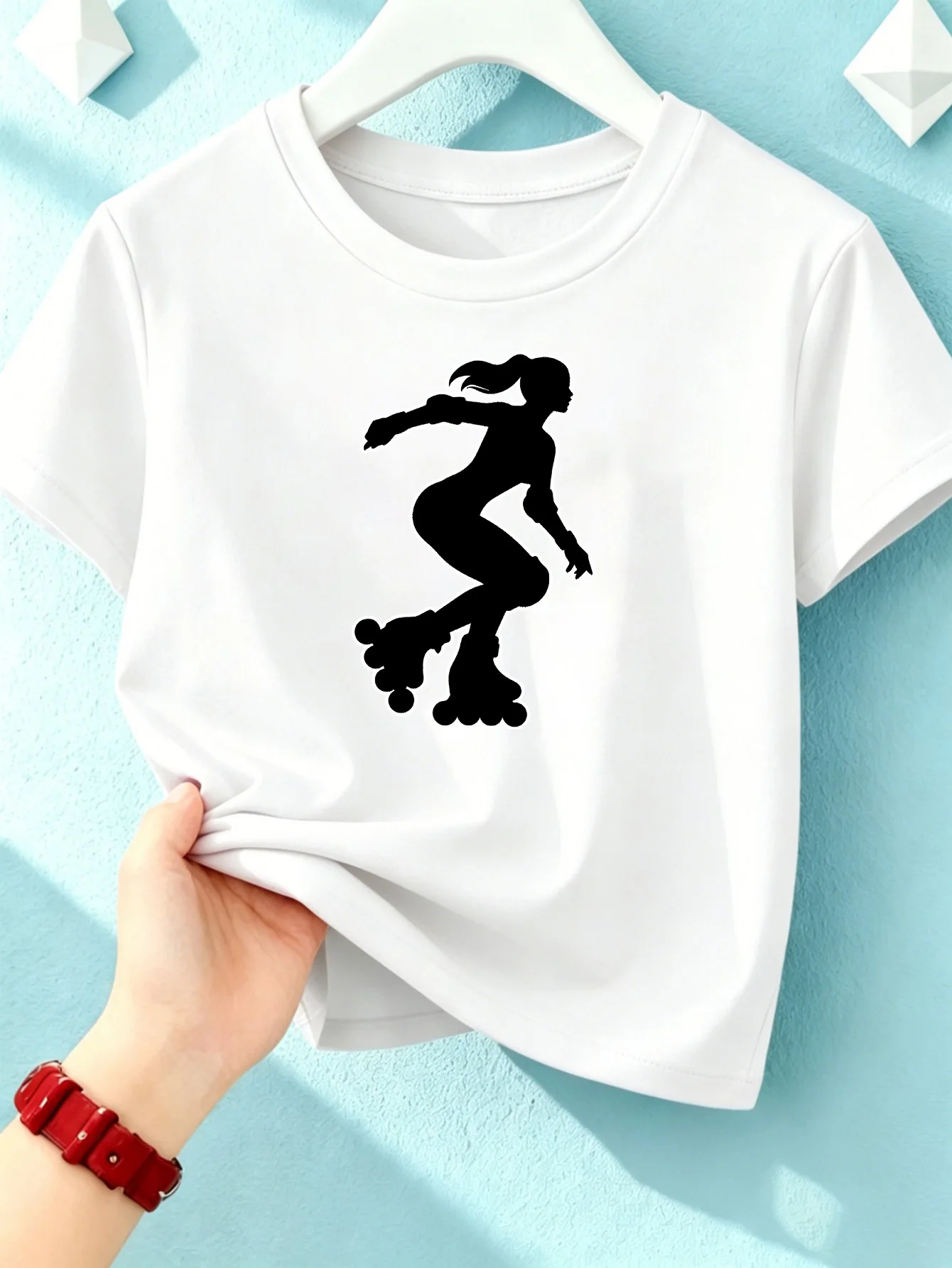 Roller Skating Girl Silhouette Sport Print Kids T Shirt Girls Short Sleeve Crew Neck Cotton Parent Matching Tops Toddler Youth