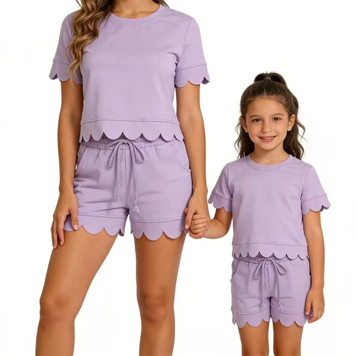 

Wholesale Mama and Me Kids Adult Women Lavender Short Sleeve Shirt Toddler Pockets Short Scallop Clothes Set Fashion Clothing