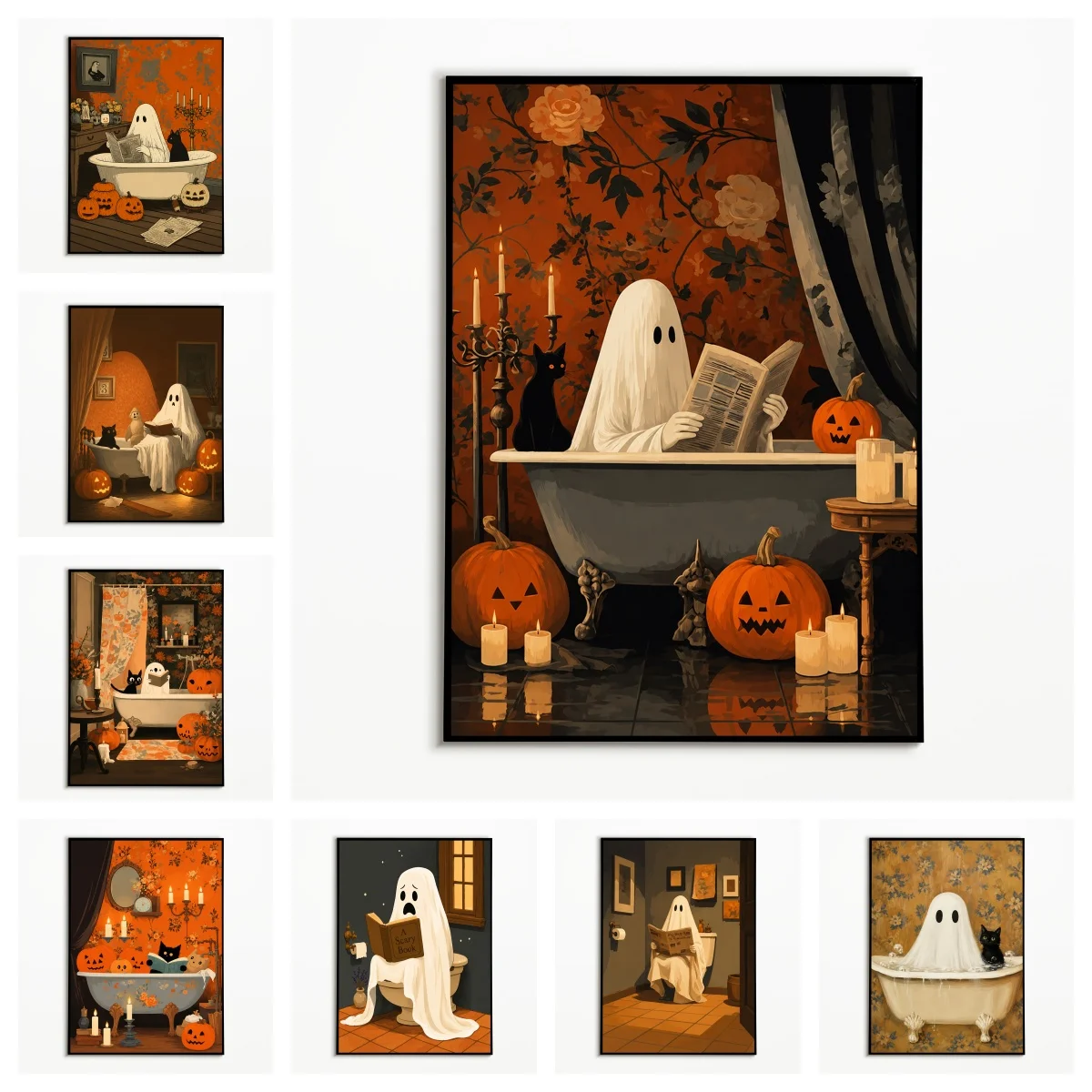 1PC Bathroom Fun Ghost Reading Newspaper Poster  Black Cat Pumpkin Wall Art  Autumn Halloween Toilet Canvas Printing  Fall Gift