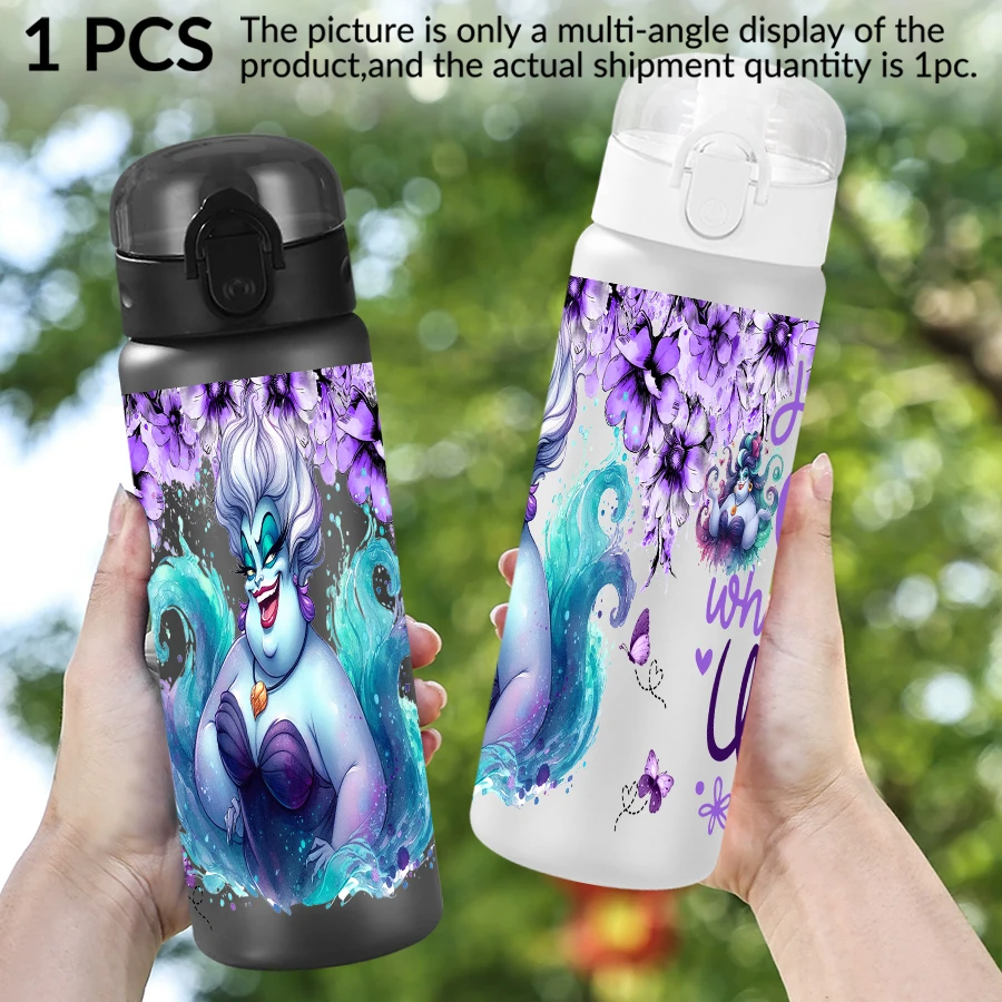 Botella de agua de plástico con patrón de flores moradas de Disney Ursula, taza de agua para deportes al aire libre, regalo de cumpleaños/regreso a casa, 26oz, 1 ud.