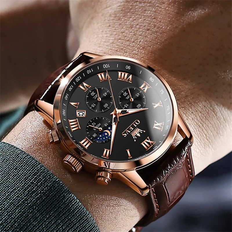 OLEVS Moon Phase Mens Quartz Watch Luxury Chronograph Roman Dial Rose Gold Case Leather Strap Waterproof Business Dress Watch