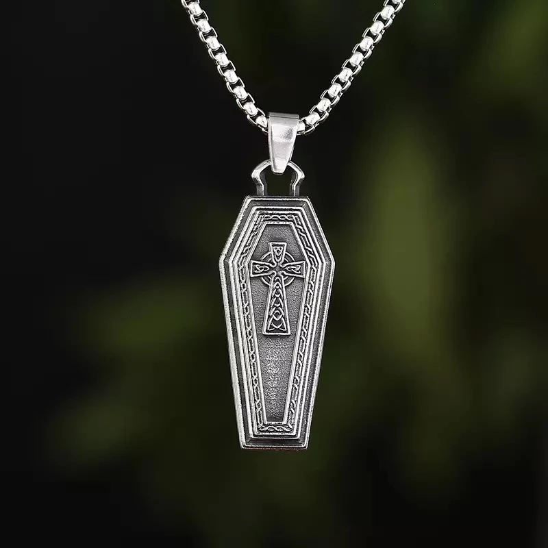 Fashion Punk Rock Stainless Steel  Coffin With Cross Pendant Necklace With Chain For Man Party/Halloween Boyfriend Gift