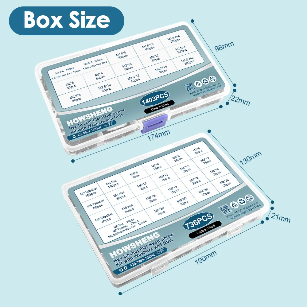 736/1403 Uds. Juego de tuercas de tornillo Allen de cabeza plana con casquillo hexagonal M1.6-M6 Kit de tornillos de cabeza hueca hexagonal avellanada de acero al carbono