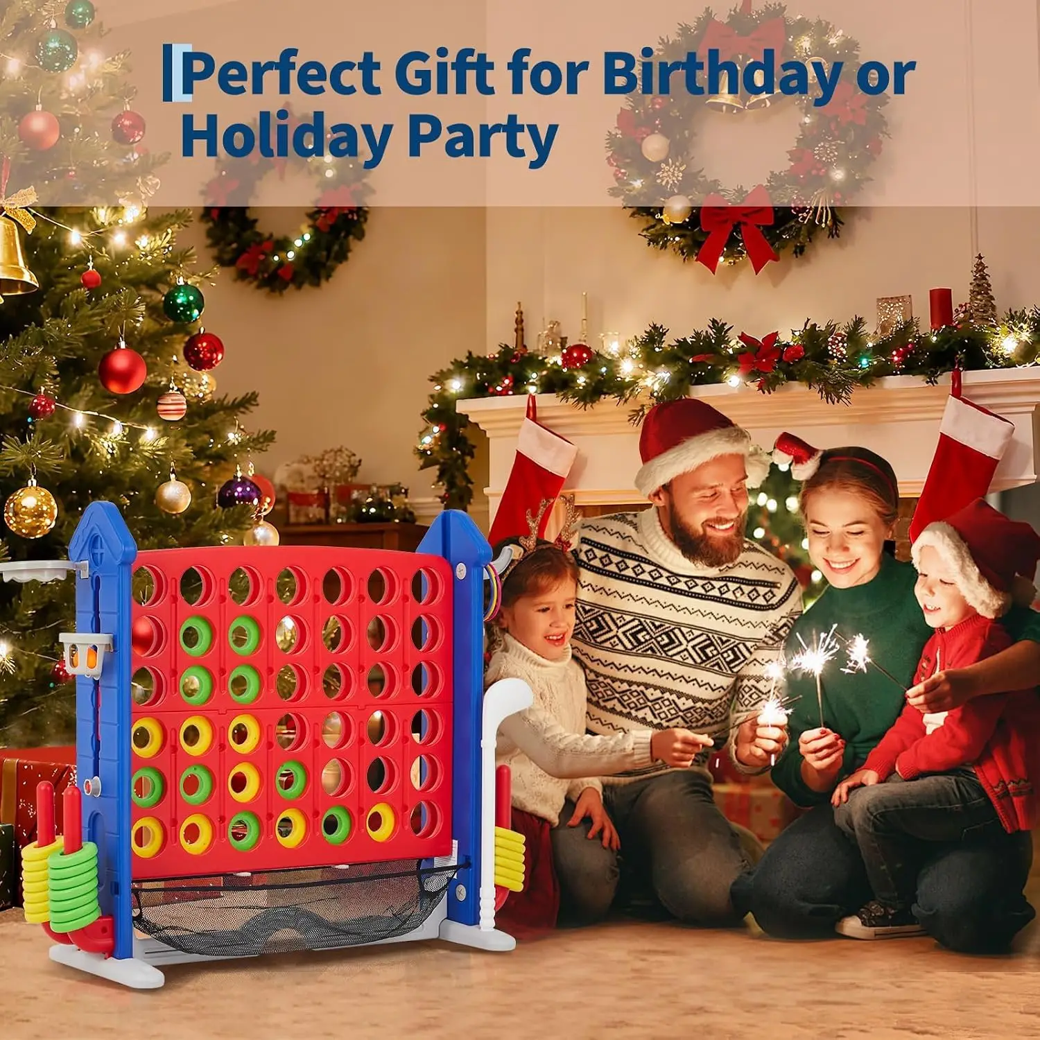 Giant 4-in-a-Row – Jumbo 4-to-Score Yard Game, Indoor/Outdoor Family Connect 4 Game with Mesh Pocket, Mini Basketball, Golf, Toss Ring, Quick-Release Slider & Storage Carry Bag