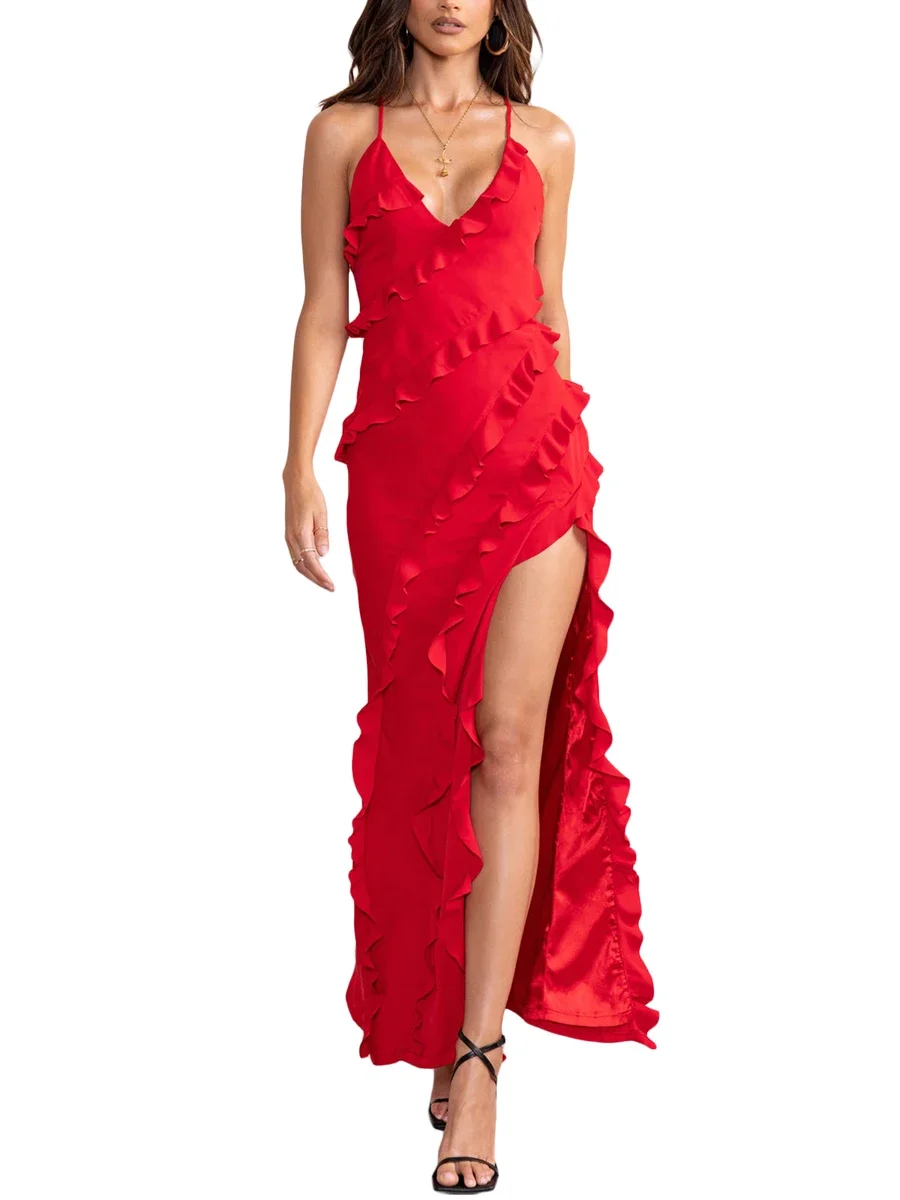 2024 Dameskleding Streetwear Damesjurken, Mouwloze Rugloze Effen Kleur Casual Feest Zomer Lente Lange Jurk Met Ruches