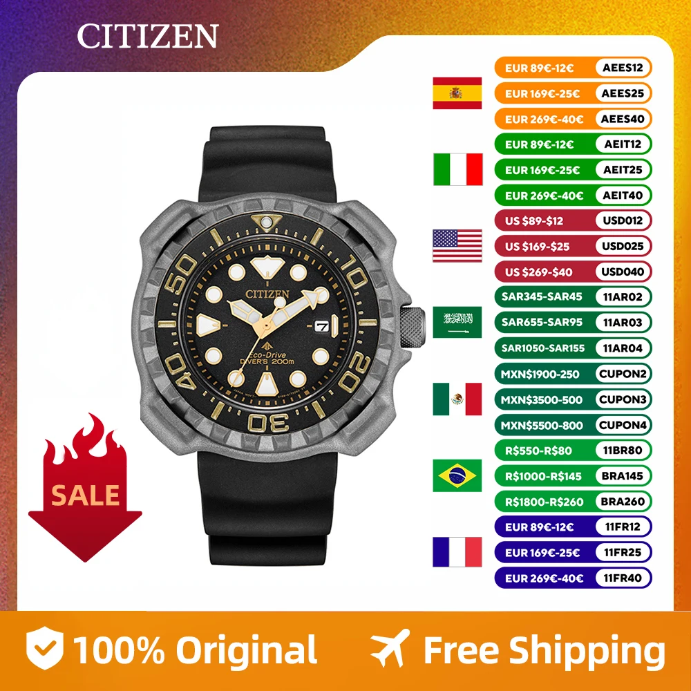 Reloj CITIZEN Original para hombre Eco-drive Promaster Super Titanium Series reloj deportivo luminoso para buceo fotocinético para hombre BN0220-16E