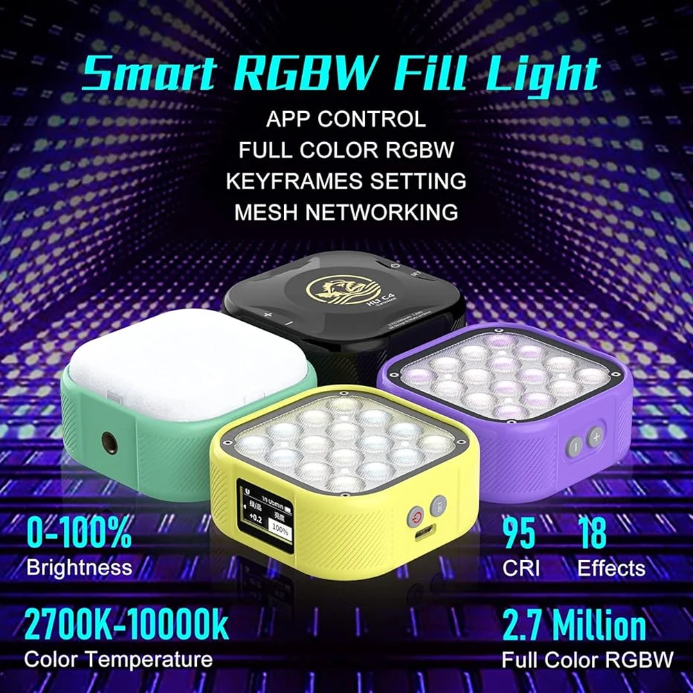 Luz de cámara para vídeo, Panel de luz RGB, portátil, 360 °, Control por aplicación inteligente, 18 efectos de iluminación, recargable, magnética