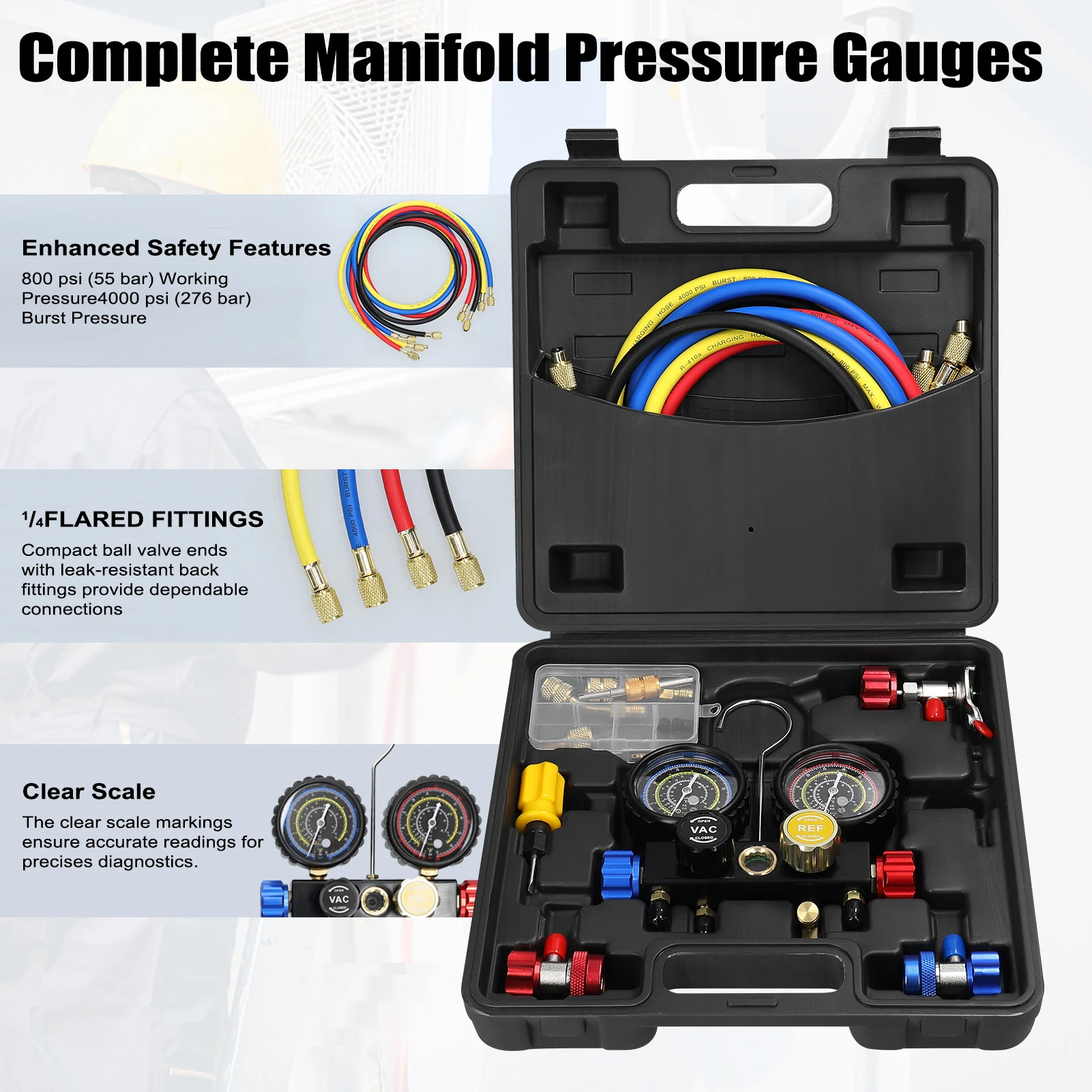 Manifold Gauge Set Air Conditioning Refrigerant Charging Tool 4-Way Dual-Value Pressure Gauge with 5ft Hose Brass Quick Coupler