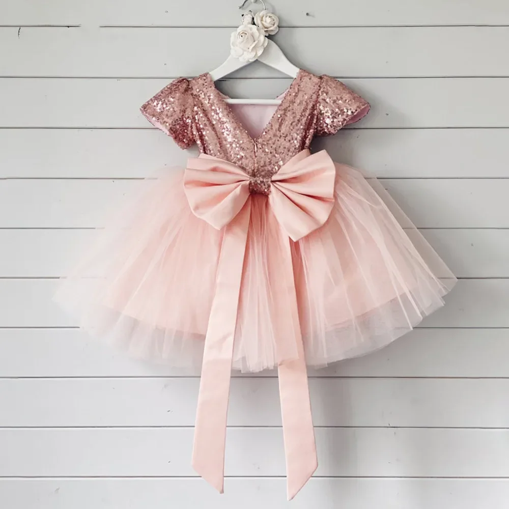 Flowers Girls Dresses Sequin Pleat Square Collar Full Sleeve Zipper Ball Gowns New Party