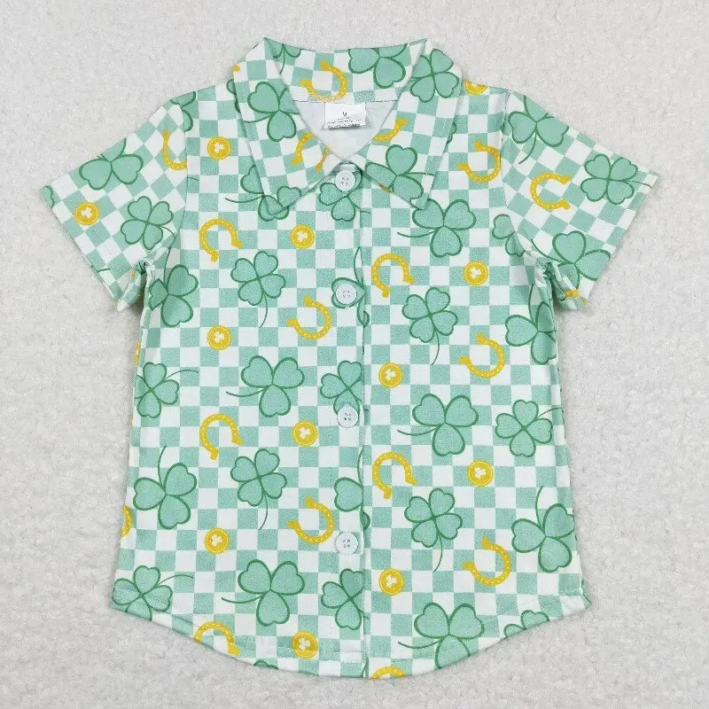 

New rts baby boys summer short sleeve tops wholesale boutique four leaf clover green plaid button short sleeve boy shirts