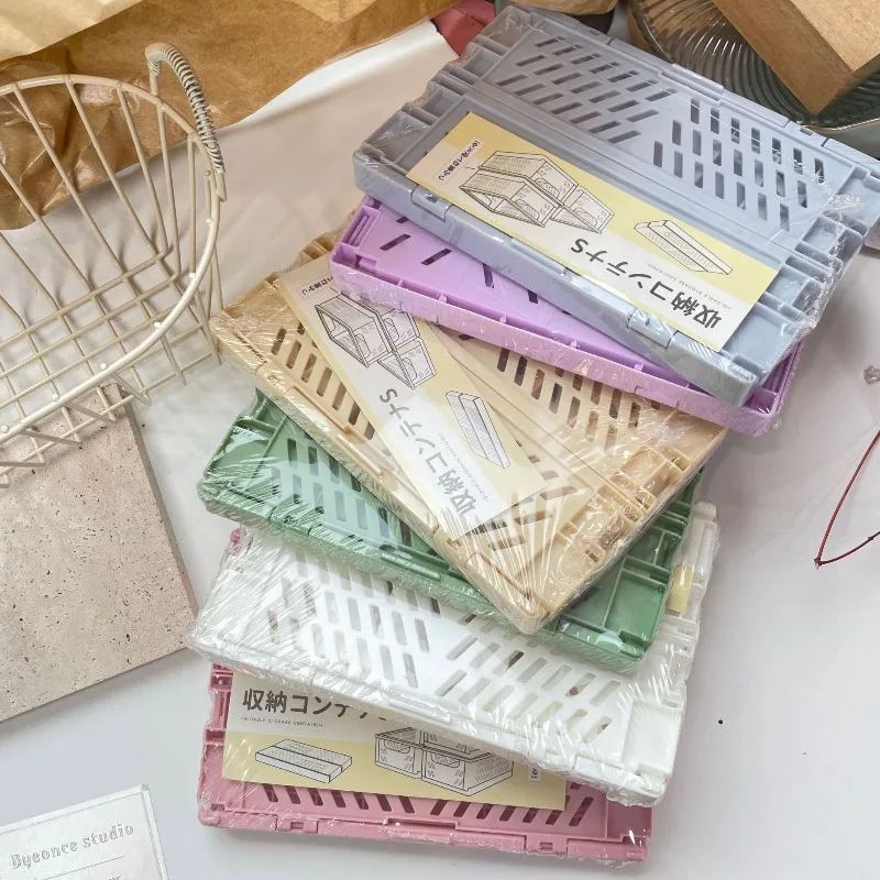Ins Style Foldable Plastic Storage Basket, Fashion Desktop Organizer for Student Stationery & Desk Accessories Storage