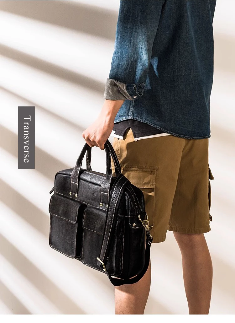 wmnuo Shoulder Bag Brief Case Man Youth Genuine Cowhide Leather Leisure Commuting Crossbody Messenger Hand Bag Male Briefcase