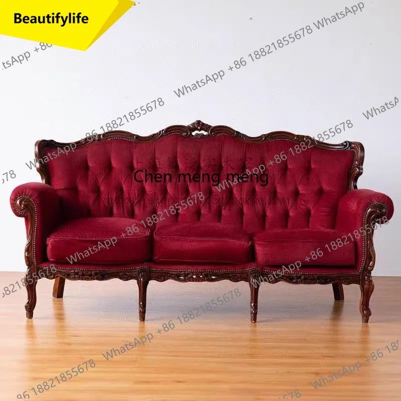 

A57 American sofa, hand-carved solid wood, red velvet, vintage distressed French living room furniture