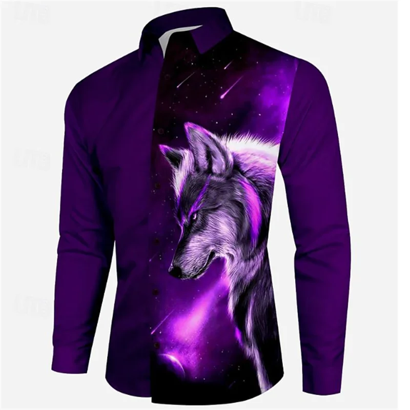 

Men's tops T-shirt casual outdoor wolf lion HD pattern soft and comfortable street outdoor men's suit lapel shirt new