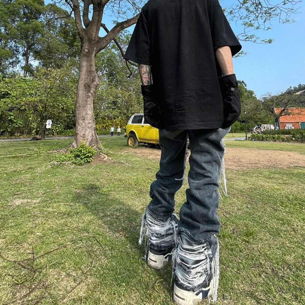Embroidery Loose Patchwork Straight Wide Leg  Ripped Jeans Men Bleached Gradient Hip Hop Color Contrast Hole Hollow Out