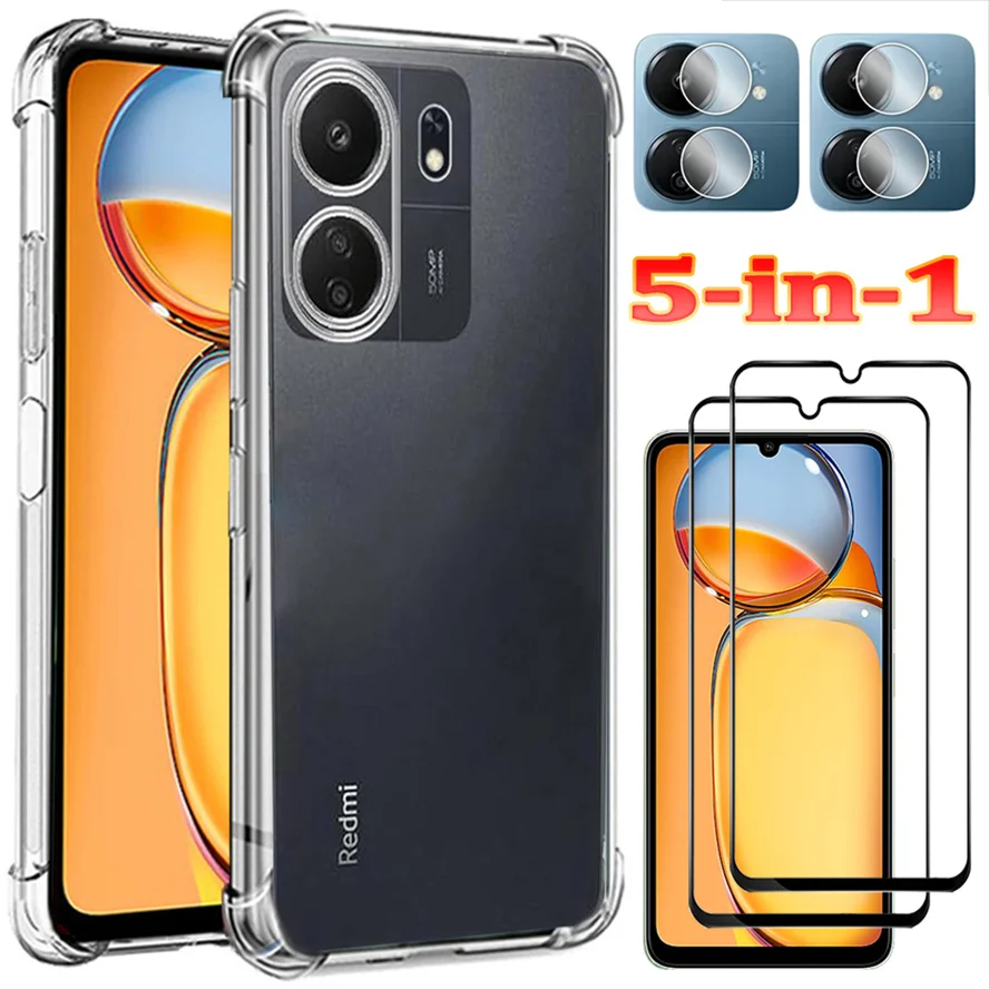 

5-in-1,Tempered Glass + Case for Redmi 13C/Poco C65 Soft Clear Shockproof Silicone Phone Cases Redmi 13 C Cover Xiaomi Redmi 13C