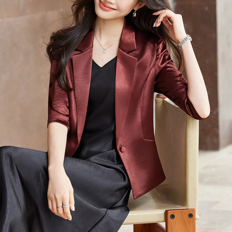 GDX3039Apricot-colored women's blazer2026Summer lightweight three-quarter sleeve top, elegant waist-cinching casual blazer